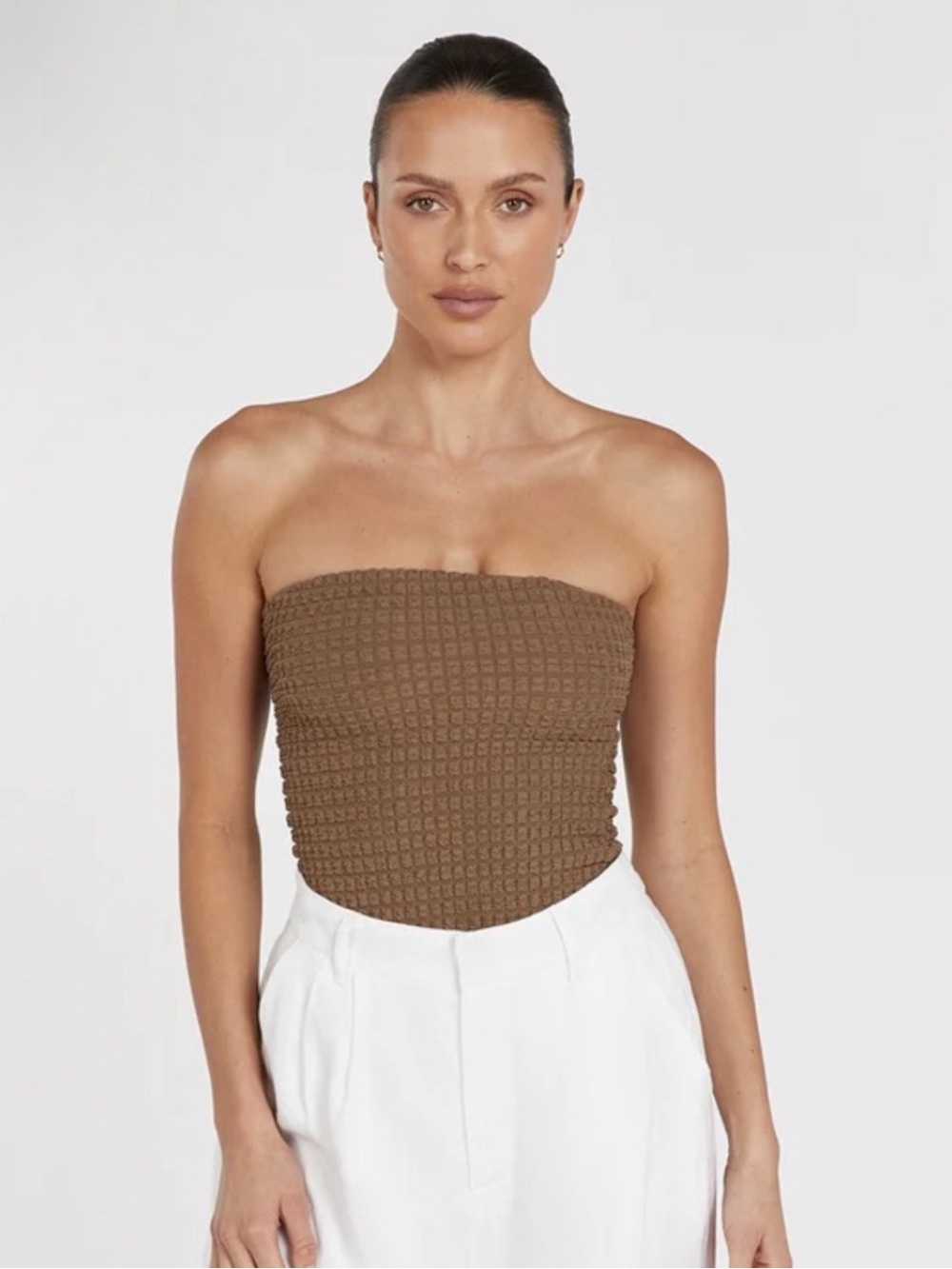 DISSH Brown Smocked Strapless Tube Top